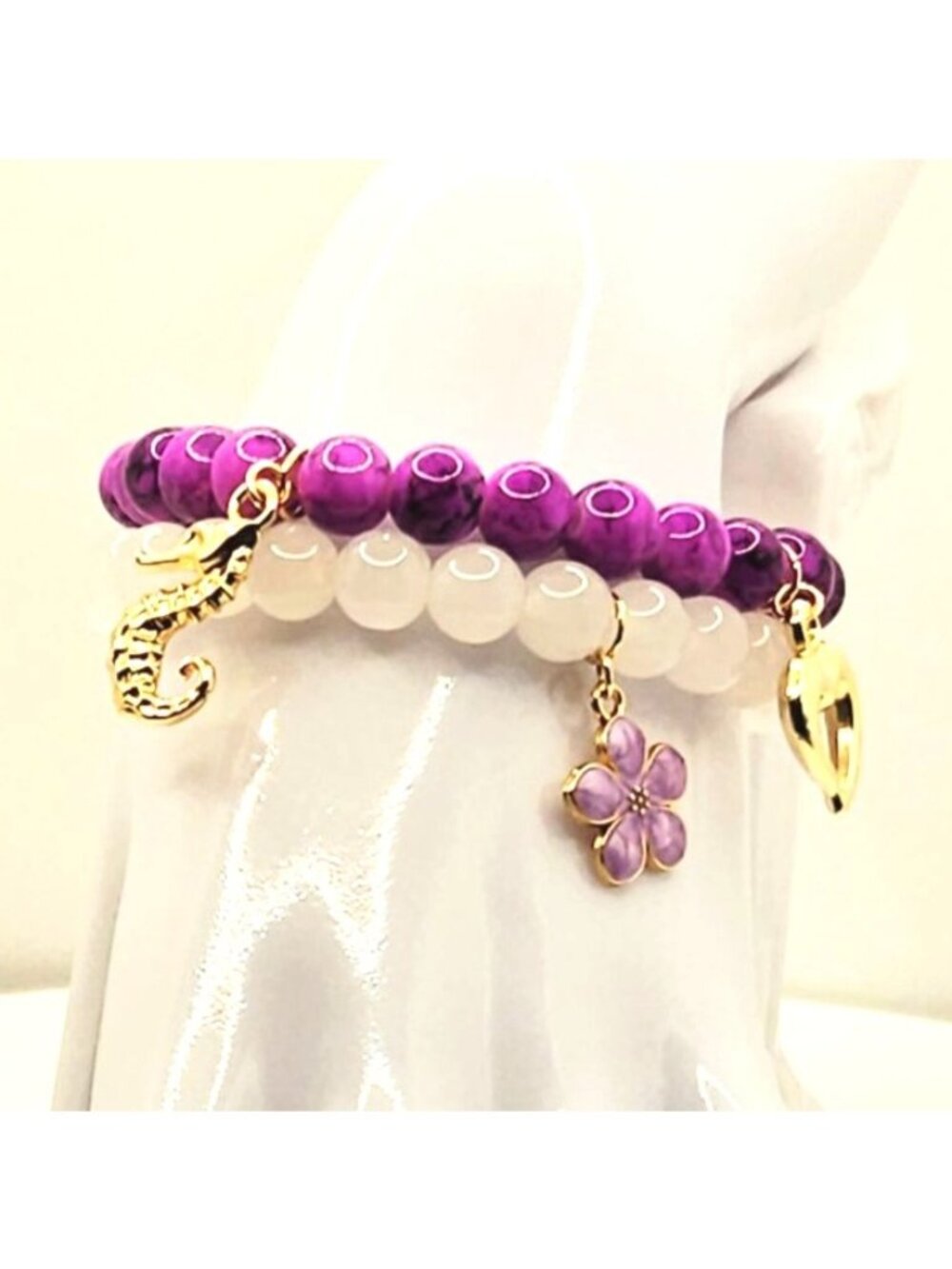 Purple Seahorse Bracelet Stack, Coastal Charm Bracelet Set, Beachy